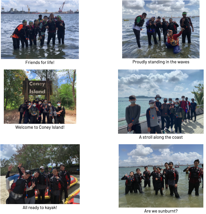 Six photos of a youth group at Coney Island, showing activities like wading, kayaking, and posing along the coast.
